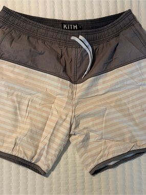 Kith Rockaway Grey White Striped Swim Shorts Trunks Bathing Suit Sz XL Authentic